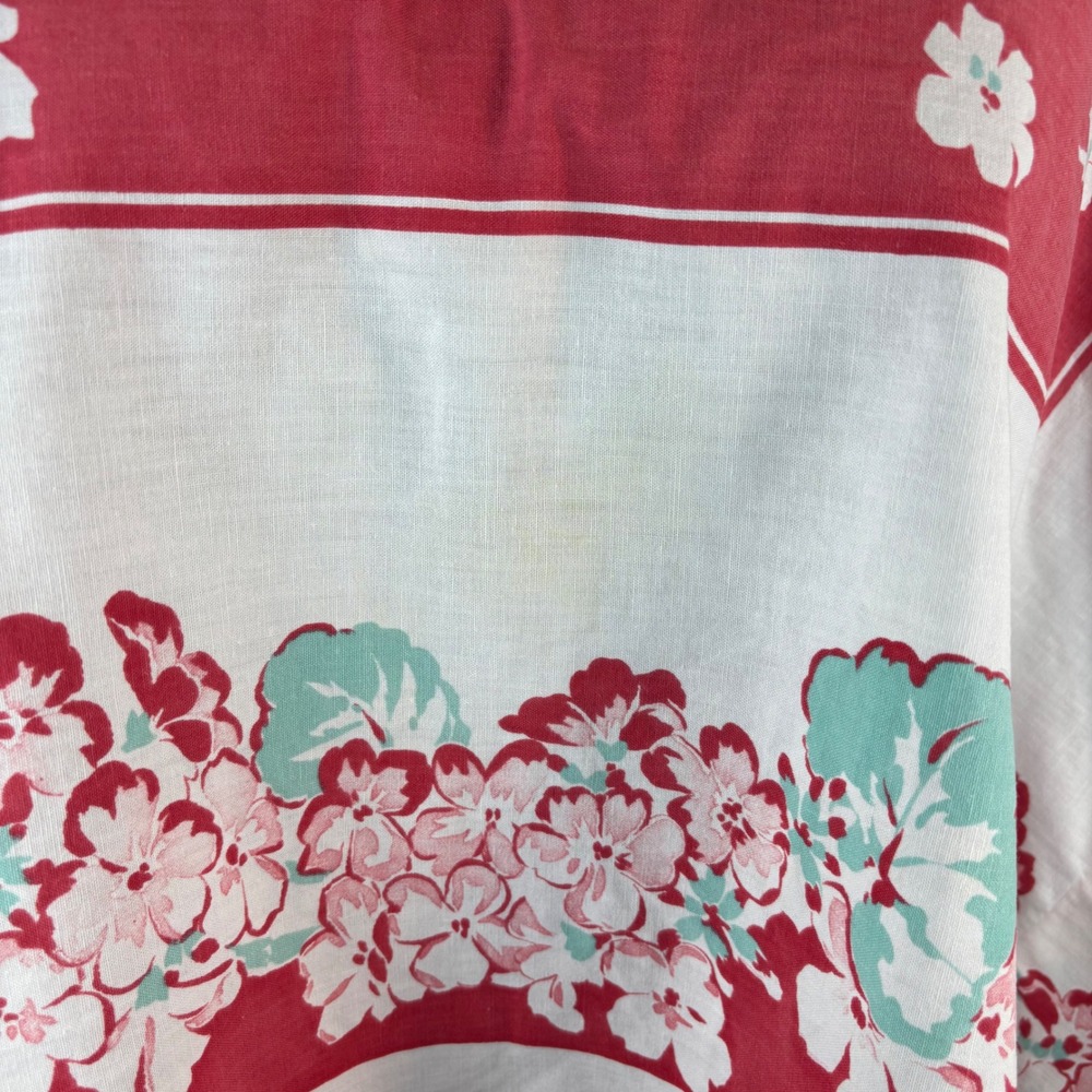 OS Plus Vintage Handmade Floral Tablecloth Caftan Top Red Wht Turquse Split Neck - Picture 8 of 14